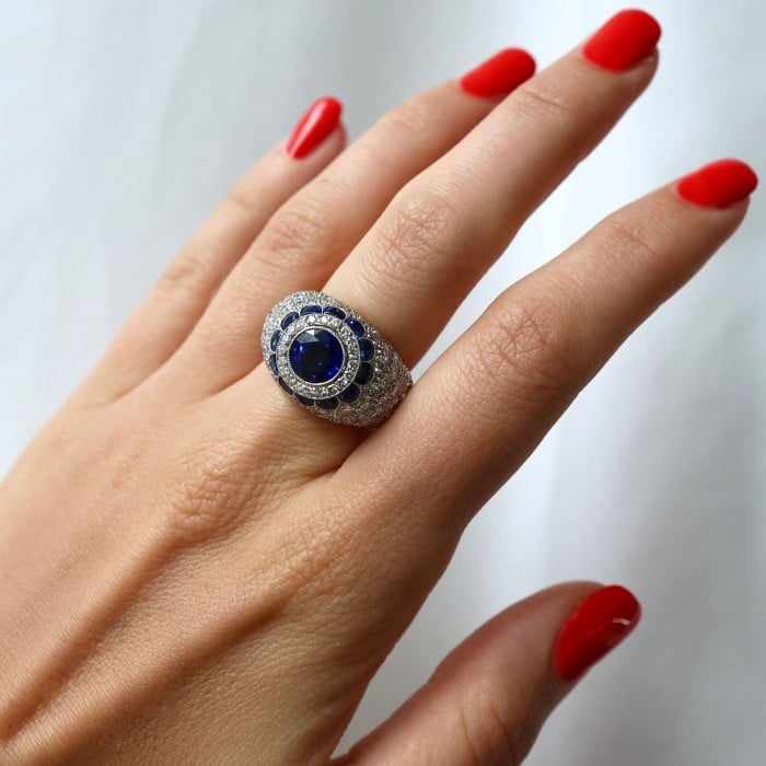 Modern Sapphire Diamond and Platinum Bombé Ring
