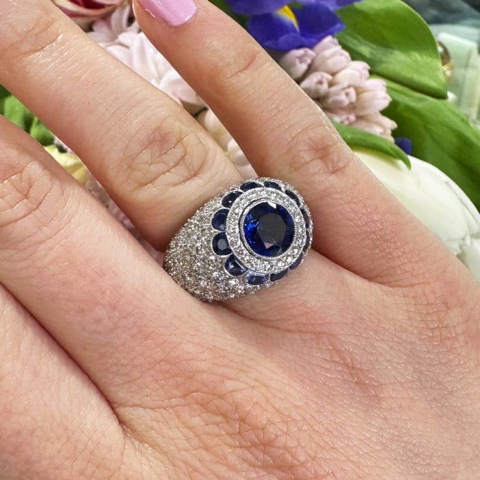 Modern Sapphire Diamond and Platinum Bombé Ring