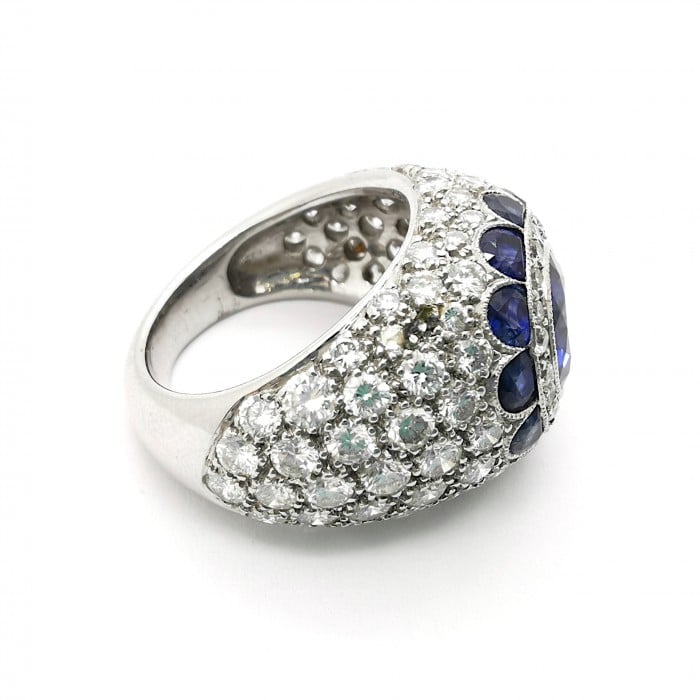 Modern Sapphire Diamond and Platinum Bombé Ring