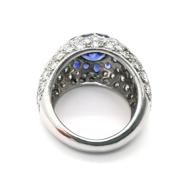 Modern Sapphire Diamond and Platinum Bombé Ring