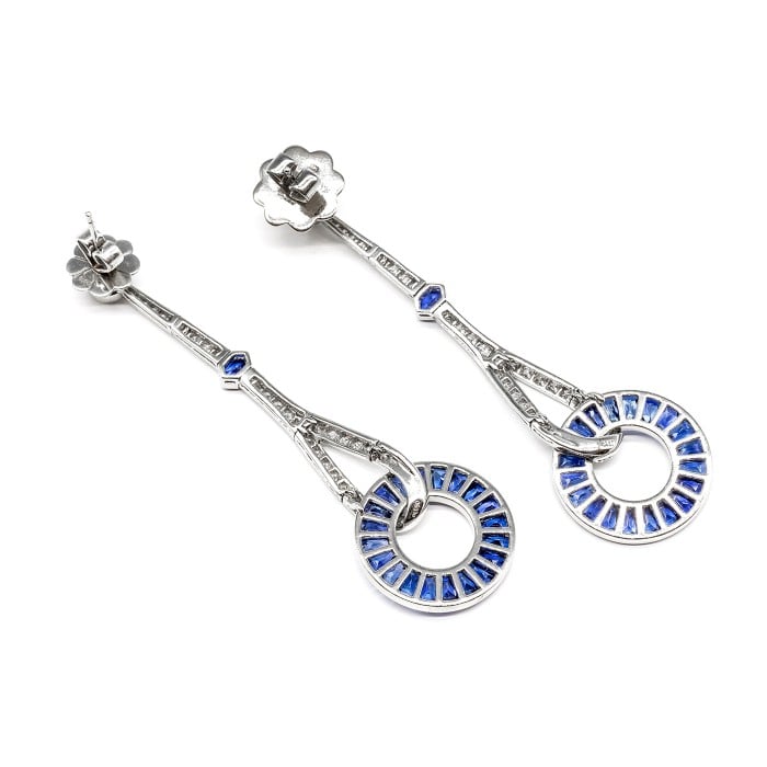 Modern Sapphire Diamond and Platinum Drop Earrings