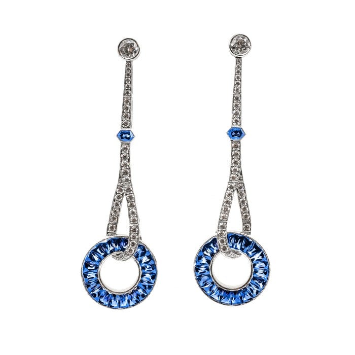 Modern Sapphire Diamond and Platinum Drop Earrings