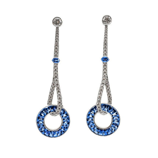 Modern Sapphire Diamond and Platinum Drop Earrings