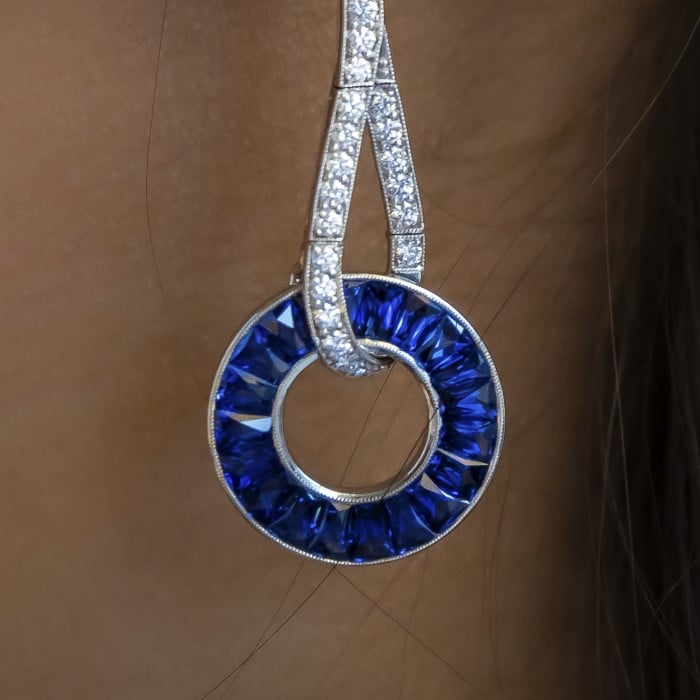 Modern Sapphire Diamond and Platinum Drop Earrings