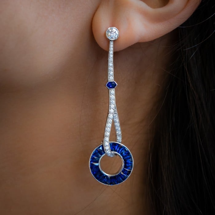Modern Sapphire Diamond and Platinum Drop Earrings
