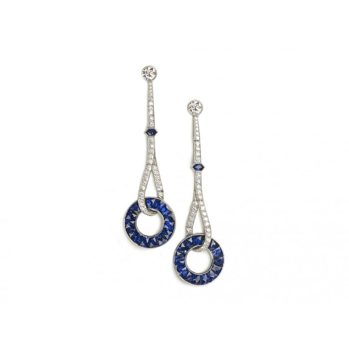 Modern Sapphire Diamond and Platinum Drop Earrings