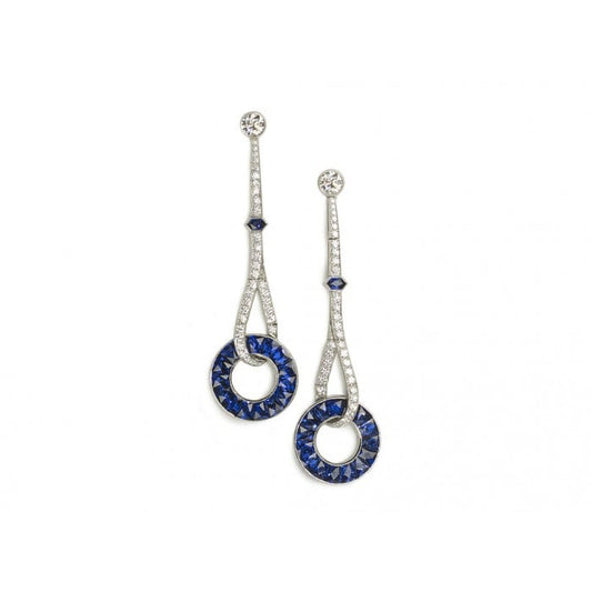 Modern Sapphire Diamond and Platinum Drop Earrings