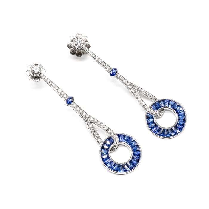 Modern Sapphire Diamond and Platinum Drop Earrings