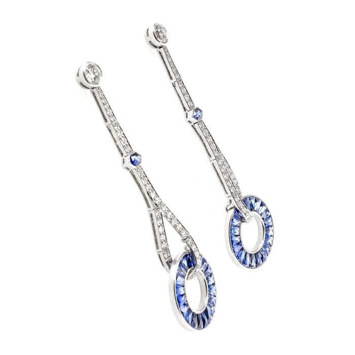 Modern Sapphire Diamond and Platinum Drop Earrings