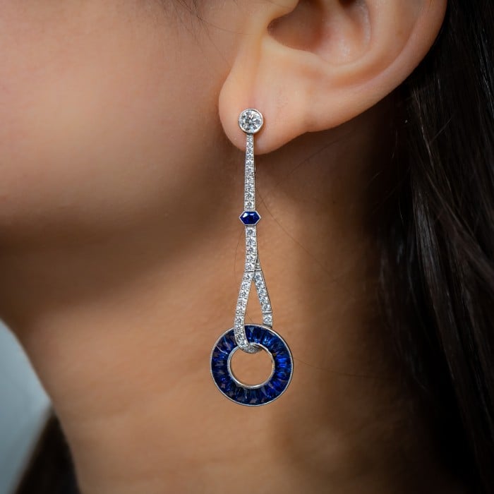 Modern Sapphire Diamond and Platinum Drop Earrings
