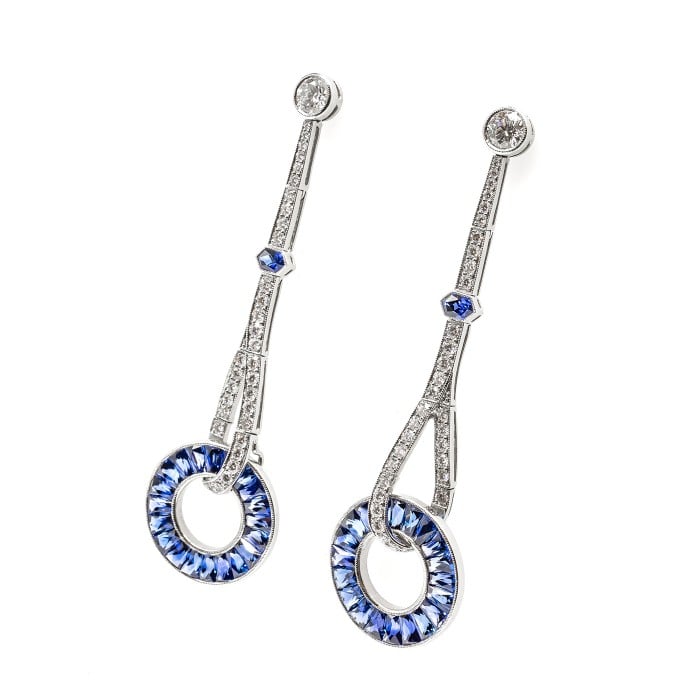 Modern Sapphire Diamond and Platinum Drop Earrings