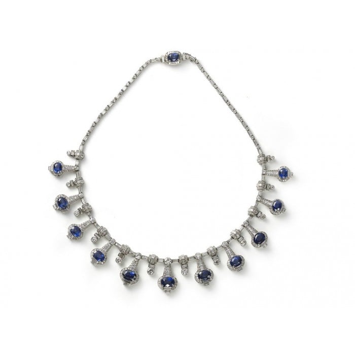Modern Sapphire, Diamond and Platinum Fringe Necklace, 33.40 Carats