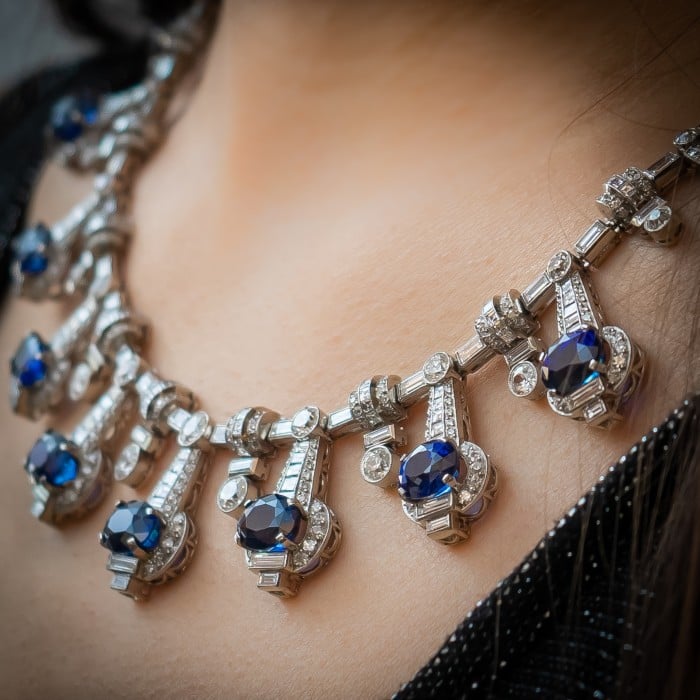 Modern Sapphire, Diamond and Platinum Fringe Necklace, 33.40 Carats