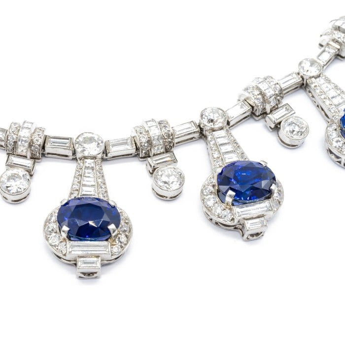 Modern Sapphire, Diamond and Platinum Fringe Necklace, 33.40 Carats