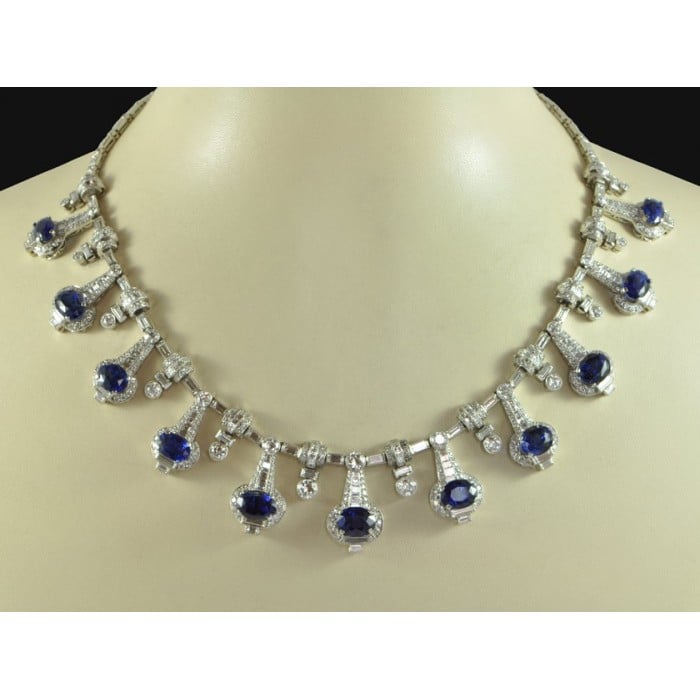 Modern Sapphire, Diamond and Platinum Fringe Necklace, 33.40 Carats