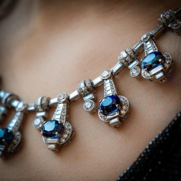 Modern Sapphire, Diamond and Platinum Fringe Necklace, 33.40 Carats