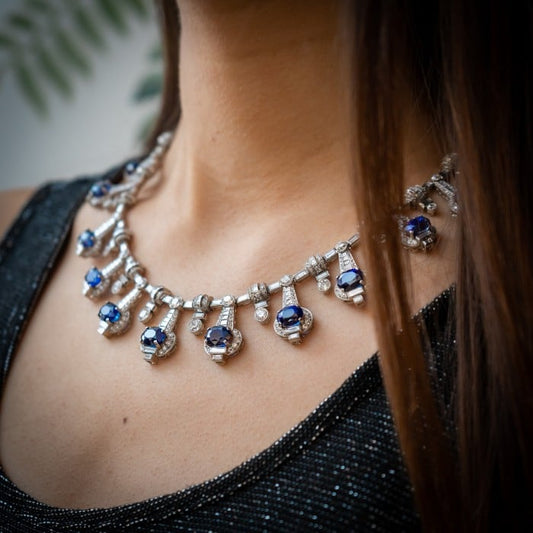 Modern Sapphire, Diamond and Platinum Fringe Necklace, 33.40 Carats