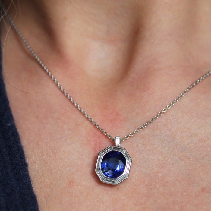 Modern Sapphire Diamond and Platinum Pendant, 4.50 Carats