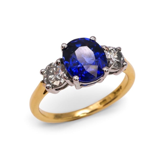 Modern Sapphire Diamond and Yellow and White Gold Three Stone Ring, 1.93 Carats