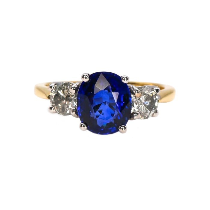 Modern Sapphire Diamond and Yellow and White Gold Three Stone Ring, 1.93 Carats