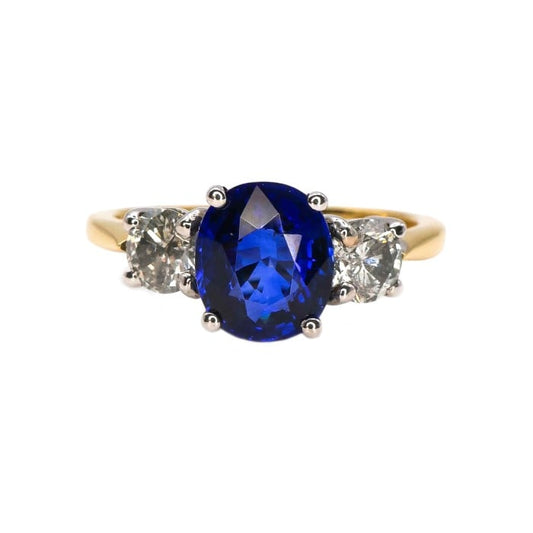 Modern Sapphire Diamond and Yellow and White Gold Three Stone Ring, 1.93 Carats