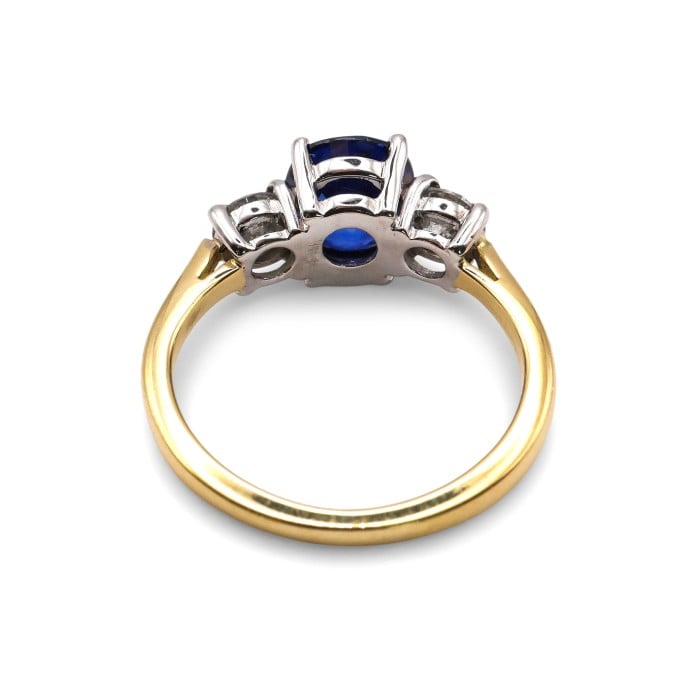 Modern Sapphire Diamond and Yellow and White Gold Three Stone Ring, 1.93 Carats
