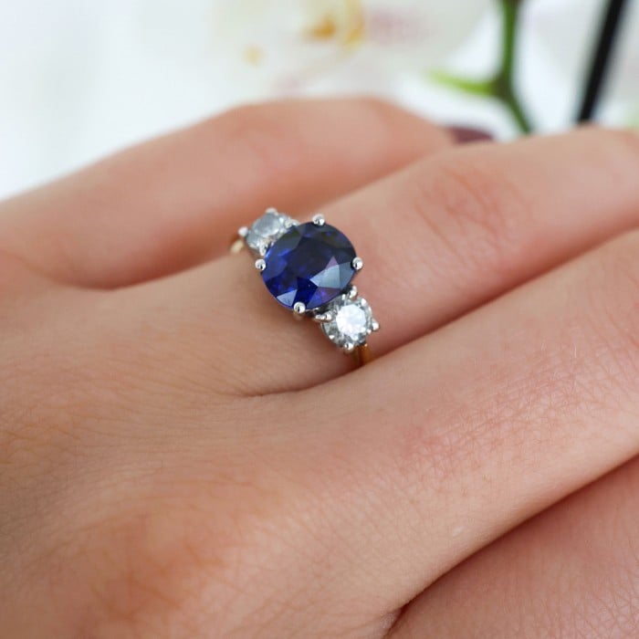Modern Sapphire Diamond and Yellow and White Gold Three Stone Ring, 1.93 Carats