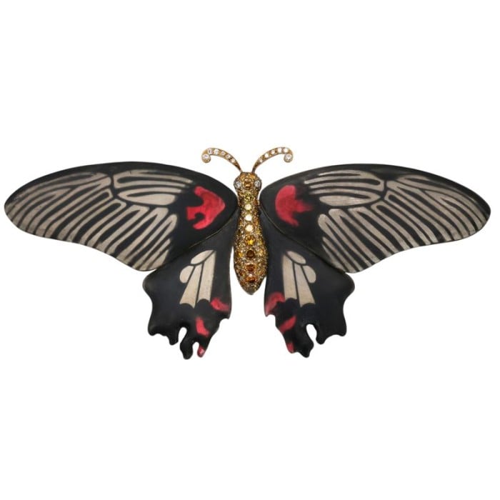 Modern Scarlet Mormon Enamel Silver and Gold Butterfly Brooch