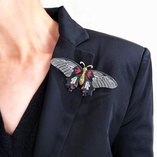 Modern Scarlet Mormon Enamel Silver and Gold Butterfly Brooch