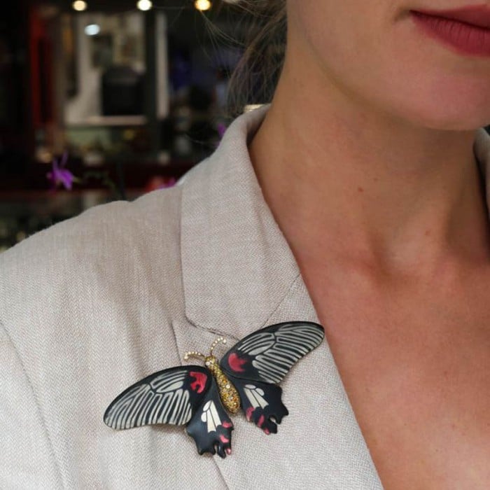 Modern Scarlet Mormon Enamel Silver and Gold Butterfly Brooch