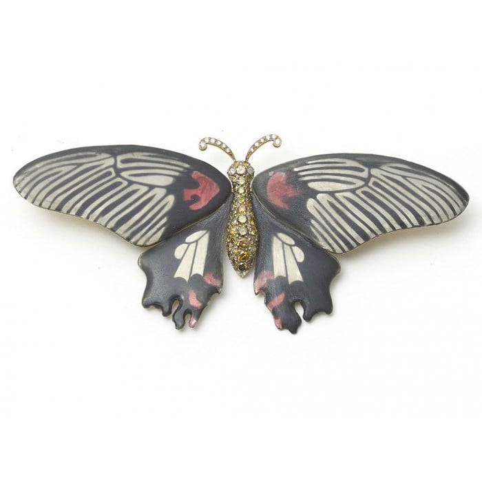 Modern Scarlet Mormon Enamel Silver and Gold Butterfly Brooch