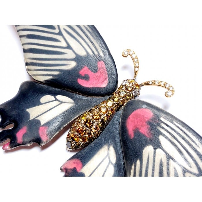 Modern Scarlet Mormon Enamel Silver and Gold Butterfly Brooch