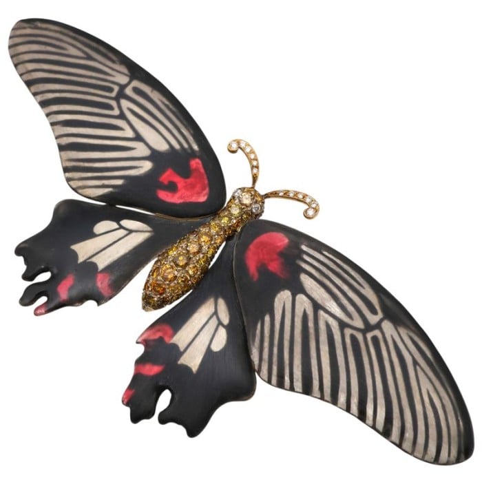 Modern Scarlet Mormon Enamel Silver and Gold Butterfly Brooch