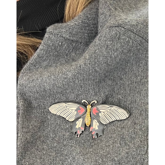 Modern Scarlet Mormon Enamel Silver and Gold Butterfly Brooch