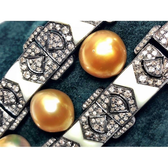 Modern South Sea Pearl Diamond Bakelite Silver and Gold Bracelet