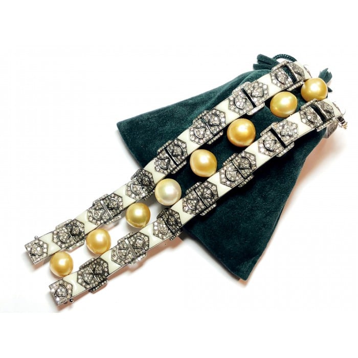 Modern South Sea Pearl Diamond Bakelite Silver and Gold Bracelet