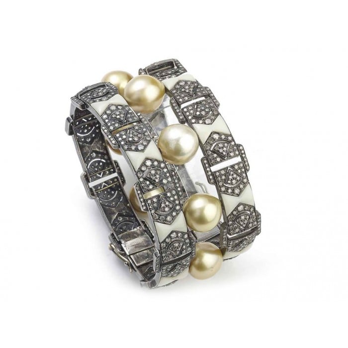 Modern South Sea Pearl Diamond Bakelite Silver and Gold Bracelet