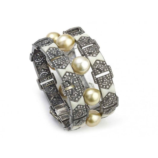 Modern South Sea Pearl Diamond Bakelite Silver and Gold Bracelet