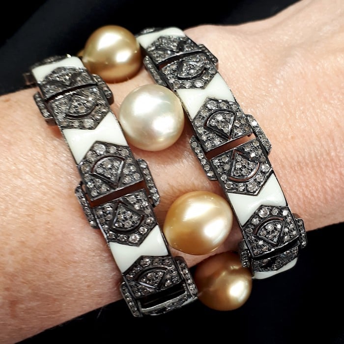 Modern South Sea Pearl Diamond Bakelite Silver and Gold Bracelet
