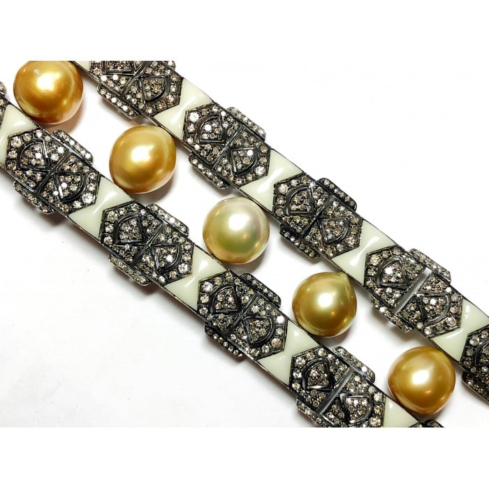 Modern South Sea Pearl Diamond Bakelite Silver and Gold Bracelet