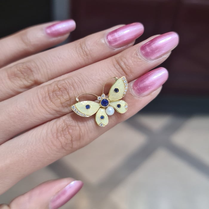 Moira Enamel Sapphire Diamond Pearl and Gold Butterfly Brooch