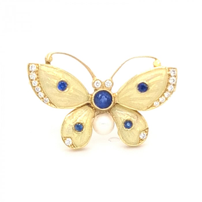 Moira Enamel Sapphire Diamond Pearl and Gold Butterfly Brooch