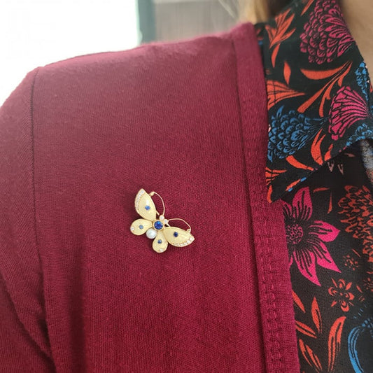 Moira Enamel Sapphire Diamond Pearl and Gold Butterfly Brooch