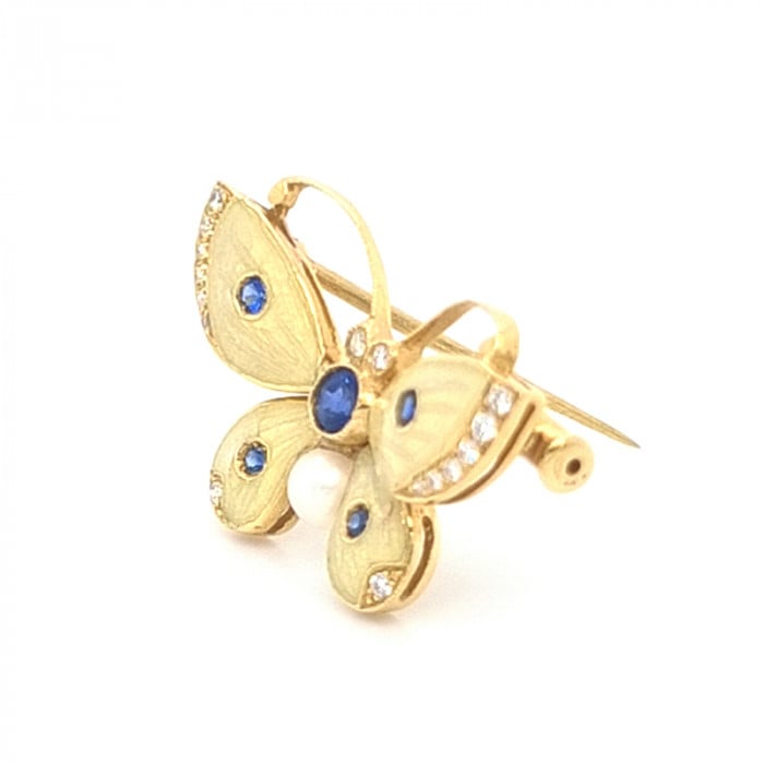 Moira Enamel Sapphire Diamond Pearl and Gold Butterfly Brooch