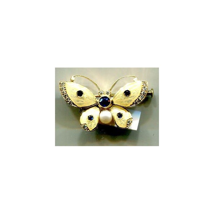 Moira Enamel Sapphire Diamond Pearl and Gold Butterfly Brooch