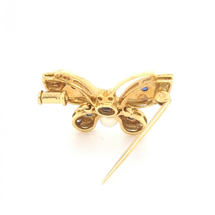 Moira Enamel Sapphire Diamond Pearl and Gold Butterfly Brooch
