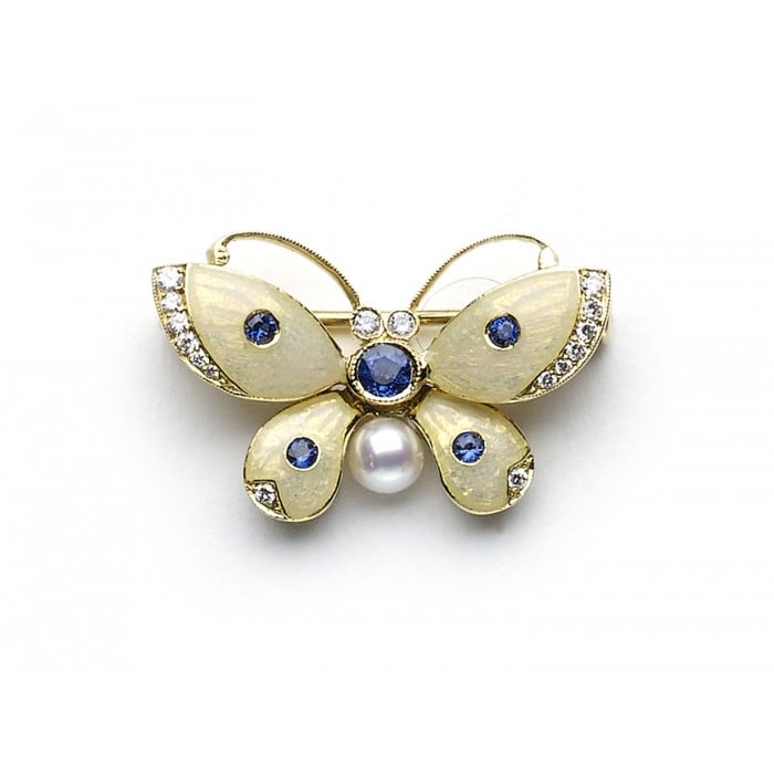 Moira Enamel Sapphire Diamond Pearl and Gold Butterfly Brooch