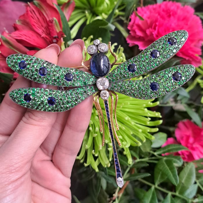 Moira Green Garnet, Diamond, Sapphire, Silver and Gold Dragonfly Brooch