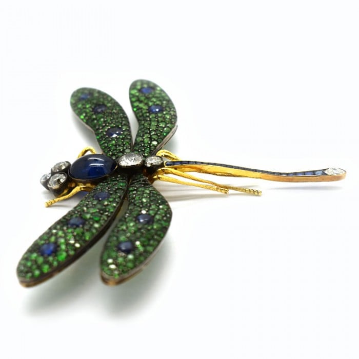 Moira Green Garnet, Diamond, Sapphire, Silver and Gold Dragonfly Brooch
