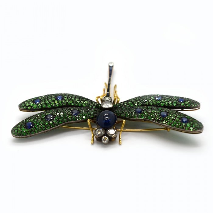 Moira Green Garnet, Diamond, Sapphire, Silver and Gold Dragonfly Brooch
